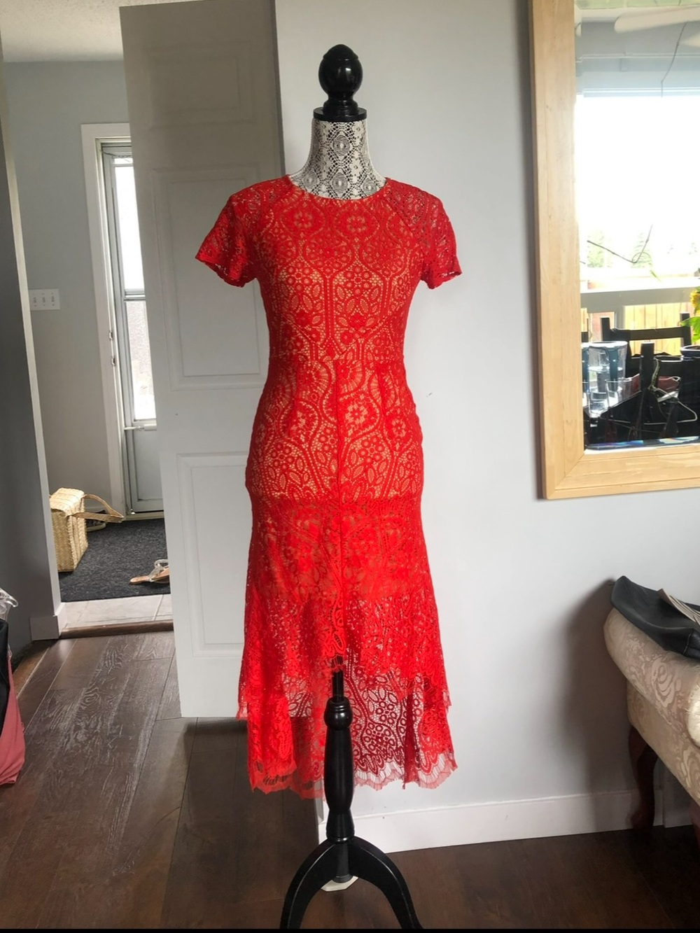Stunning Lace Nude Effect Mermaid Cut High Low Midi Sexy Party Dress. Small. Red